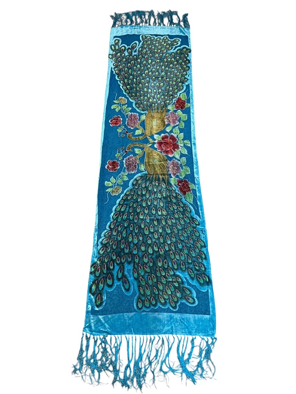 Peacock Burnout Velvet Scarf Shawl Fringe Detail